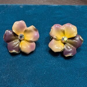 Floral Enamel Earrings with Rhinestone Center
